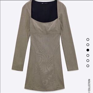 ZARA Tailored Long Sleeve Square Neck Houndstooth Plaid Mini Dress (XS) & (S)